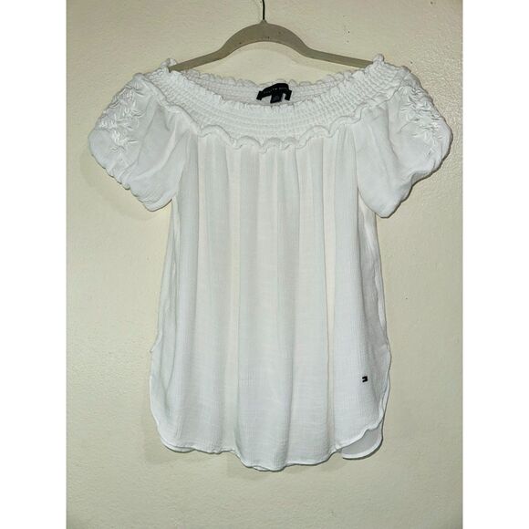 Tommy Hilfiger Women's Off The Shoulder Peasant Blouse Embroidered Sleeves SZ XS - Picture 1 of 4